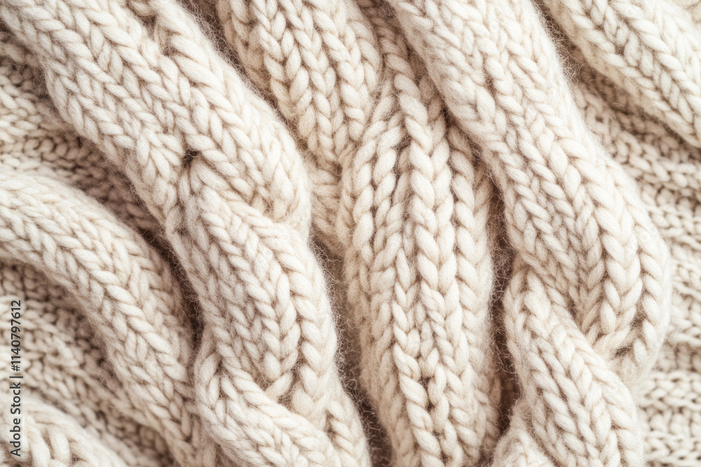 Cream-colored knitted woolen fabric with cable knit pattern Cream-colored knitted woolen fabric with cable knit pattern