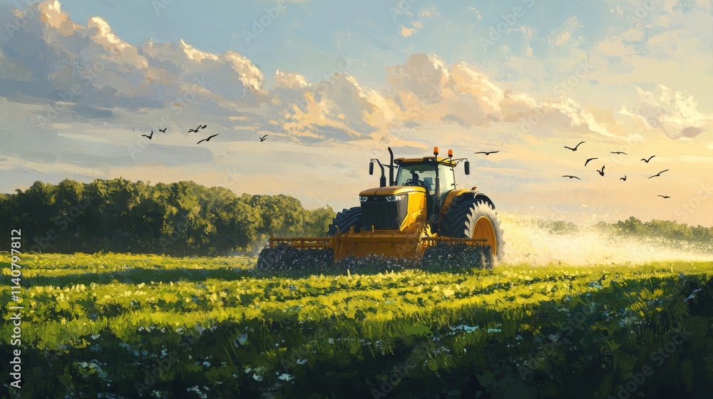 A modern yellow tractor spreading fertilizer over a vibrant green alfalfa field, with a flock of birds flying in the sky and the scene illuminated by warm, late-afternoon sunlight A modern yellow tractor spreading fertilizer over a vibrant green alfalfa field, with a flock of birds flying in the sky and the scene illuminated by warm, late-afternoon sunlight