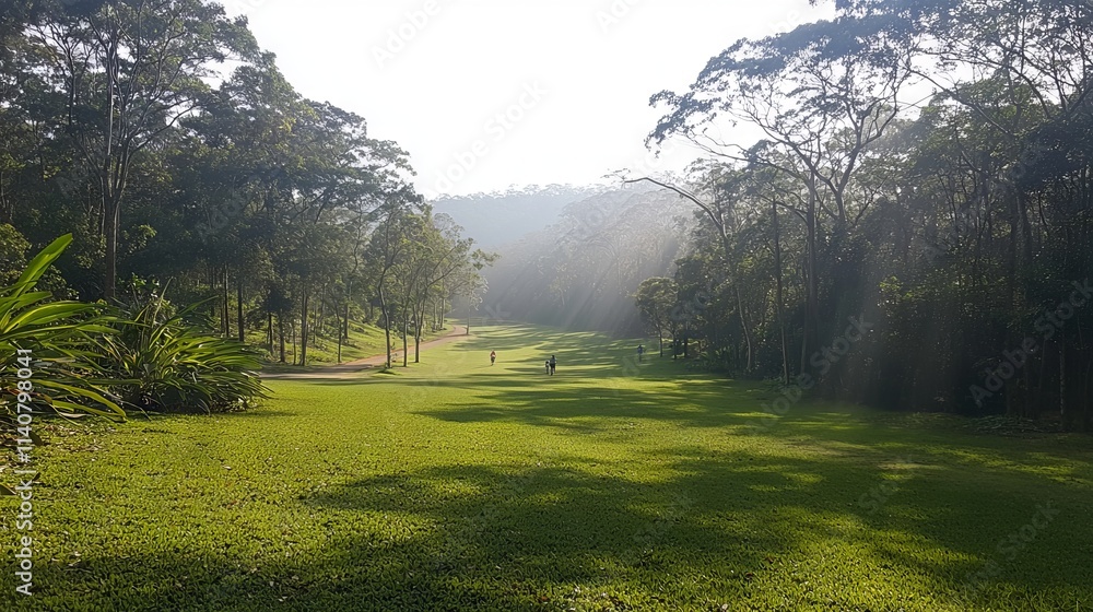 Fototapeta premium A serene golf course landscape bathed in morning light through trees.
