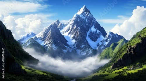 Wallpaper Mural Majestic Mist-Shrouded Mountain Range - Serene mountain peak, shrouded in mist, symbolizes tranquility, power, mystery, aspiration, and nature's majesty. Torontodigital.ca