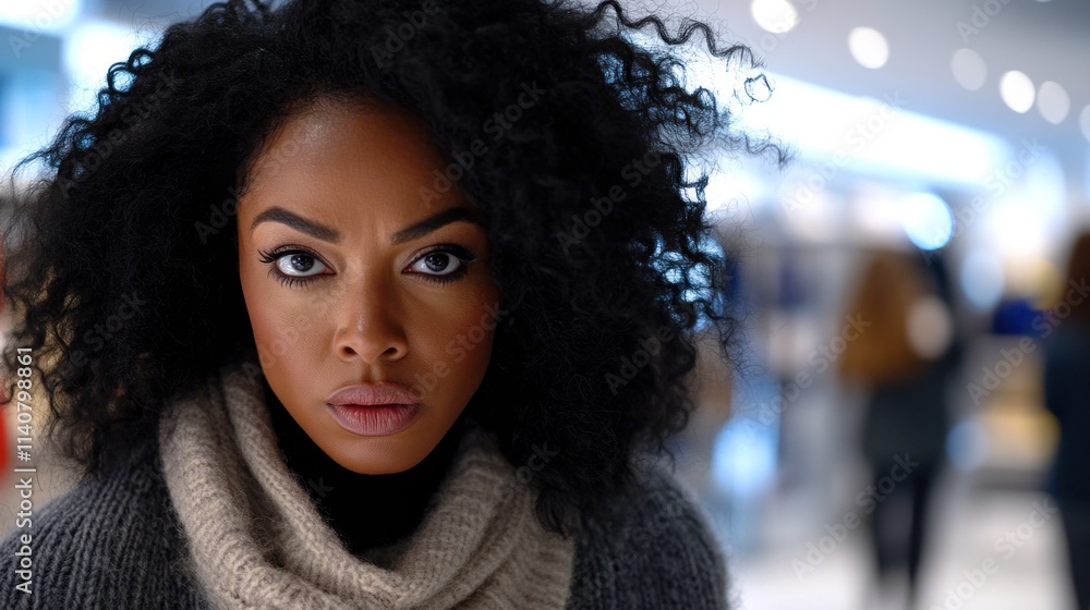A close-up portrait of a woman with curly hair, exuding confidence in a modern setting. A close-up portrait of a woman with curly hair, exuding confidence in a modern setting.