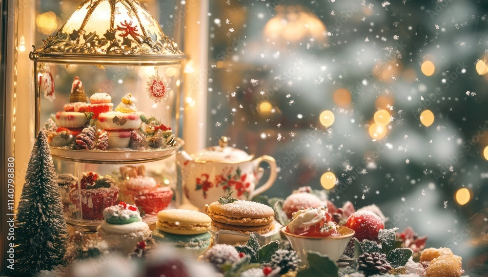 Naklejka premium A Magical Christmas Tea Party: Festive Treats and Cozy Winter Wonderland