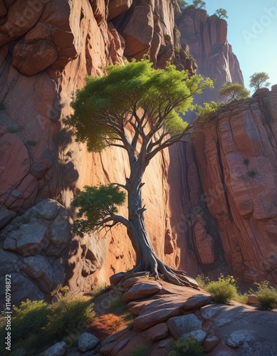 Vertical cliff face with scrubby vegetation and a solitary tree, wild countryside, windswept terrain, rural scenery photo