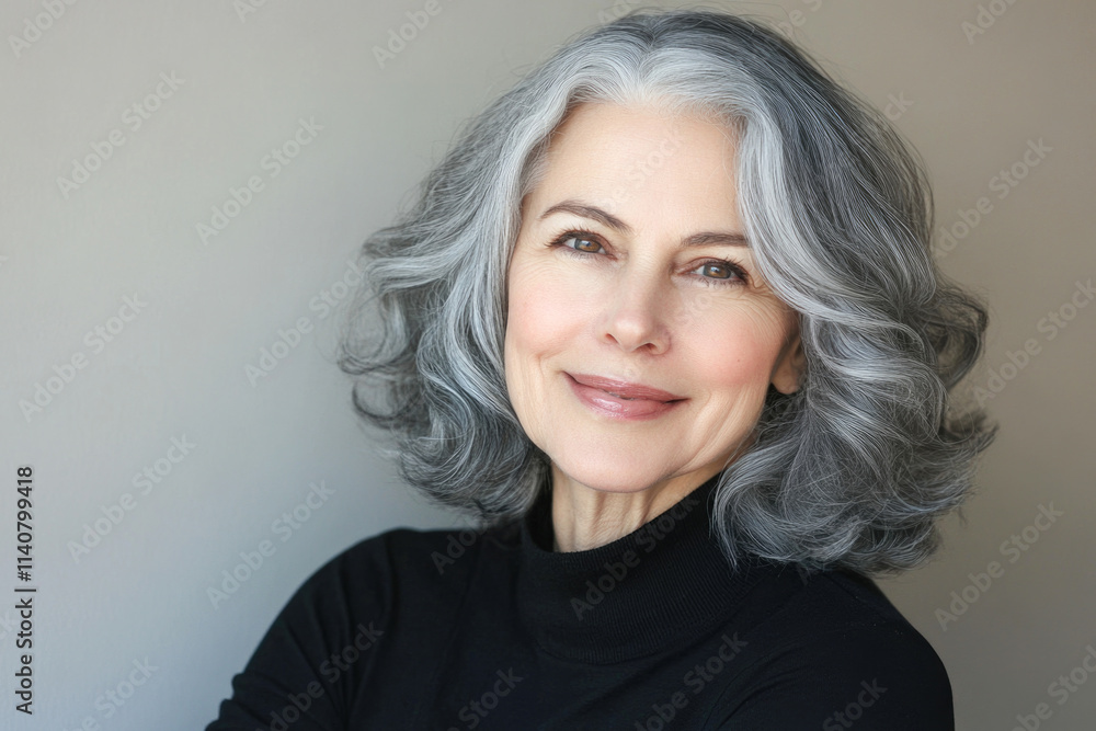 Mature caucasian female with gray hair smiling in black sweater Mature caucasian female with gray hair smiling in black sweater