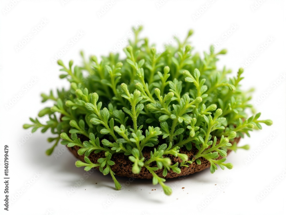 Small green plant growing in round compressed peat pellet on white background Small green plant growing in round compressed peat pellet on white background