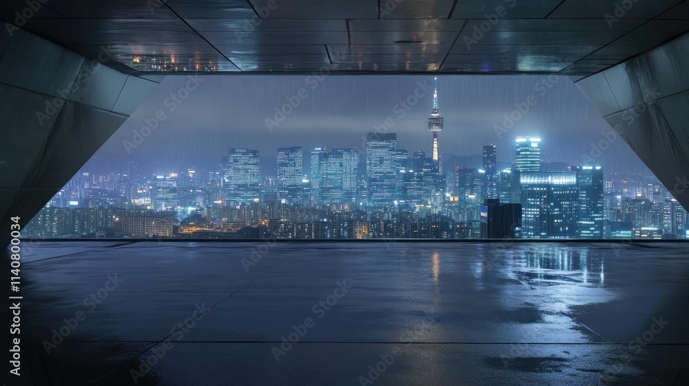 A modern urban skyline view at night, showcasing a city illuminated by lights and rain. A modern urban skyline view at night, showcasing a city illuminated by lights and rain.