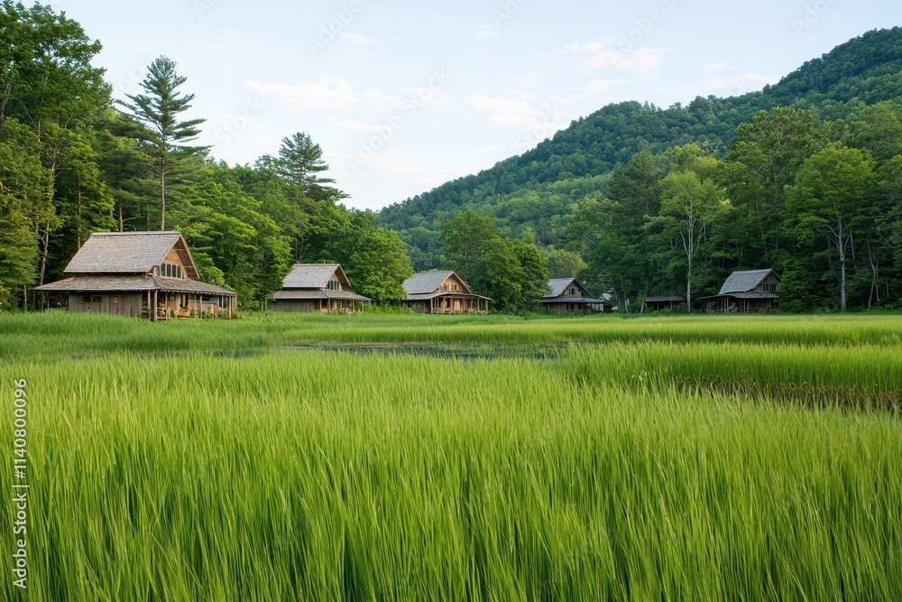 A serene view of traditional wooden houses surrounded by lush green fields and distant mountains under a clear sky. A serene view of traditional wooden houses surrounded by lush green fields and distant mountains under a clear sky.