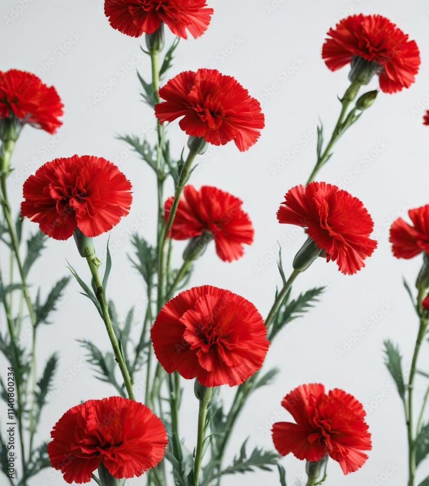Obraz premium Vibrant red carnations isolated on a crisp white background create a striking visual effect, reminiscent of a pop of color in a minimalist space, white background, bold accent