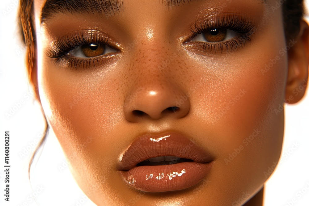 Glossy Lips and Sun-Kissed Skin - A close-up of a woman's face, showcasing glowing skin, full glossy lips, and a natural makeup look. Beauty, radiance, summer, elegance, and confidence are symbolized Glossy Lips and Sun-Kissed Skin - A close-up of a woman's face, showcasing glowing skin, full glossy lips, and a natural makeup look. Beauty, radiance, summer, elegance, and confidence are symbolized