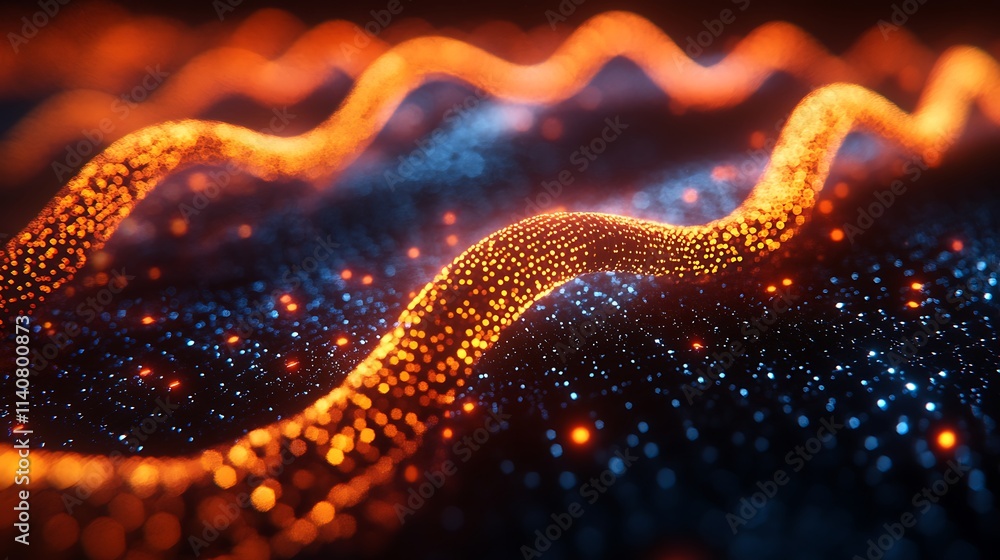Abstract digital art: fiery orange and cool blue particles form dynamic waves. Abstract digital art: fiery orange and cool blue particles form dynamic waves.
