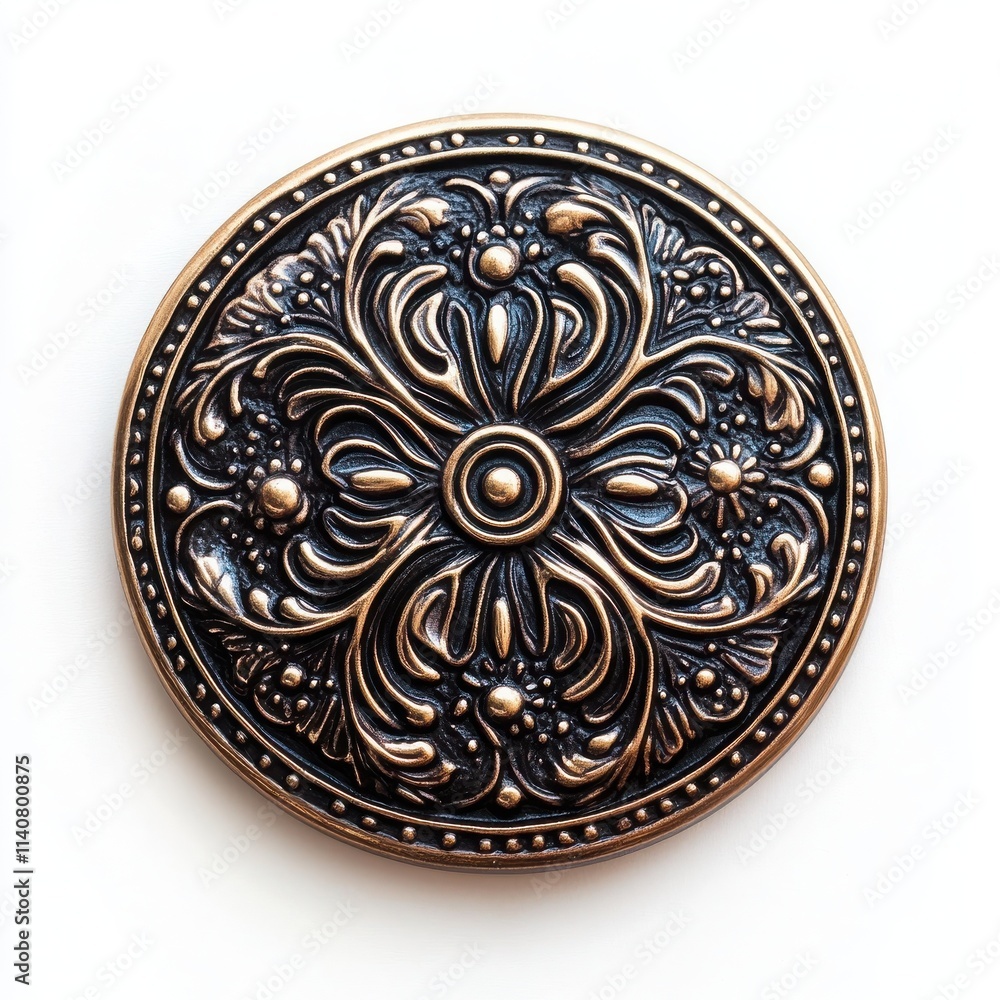 Fototapeta premium A vintage metal button with intricate patterns and a shiny finish on a white background 