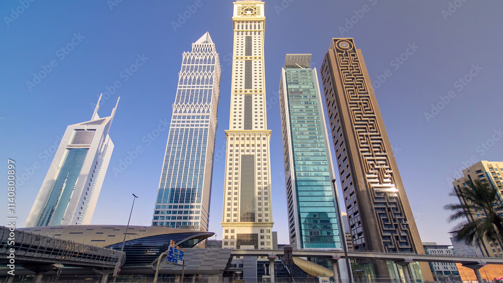 Obraz premium Skyscrapers at the Sheikh Zayed Road in Dubai timelapse hyperlapse