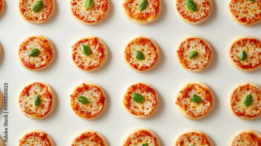 Neat Arrangement of Mini Pizzas on White Tabletop Neat Arrangement of Mini Pizzas on White Tabletop