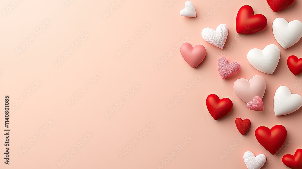 Valentine's Day background showcases cute red and pink hearts on a peach-colored surface, offering delightful minimalism and ample copy space Valentine's Day background showcases cute red and pink hearts on a peach-colored surface, offering delightful minimalism and ample copy space
