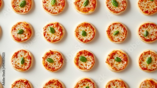 Neat Arrangement of Mini Pizzas on White Tabletop