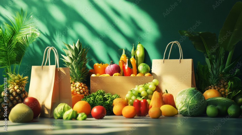 A beautiful green 3D organic market scene with vibrant fruits and vegetables, reusable shopping bags, and eco-friendly branding displayed prominently, creating a sustainable lifestyle vibe A beautiful green 3D organic market scene with vibrant fruits and vegetables, reusable shopping bags, and eco-friendly branding displayed prominently, creating a sustainable lifestyle vibe