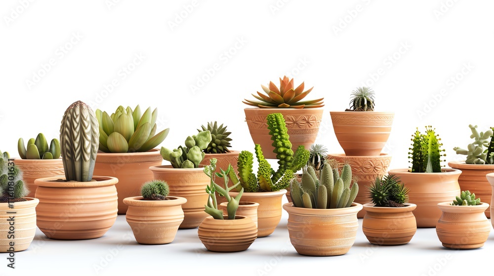 A high-resolution image of handcrafted clay plant pots on a white background.--ar 16:9 A high-resolution image of handcrafted clay plant pots on a white background.--ar 16:9