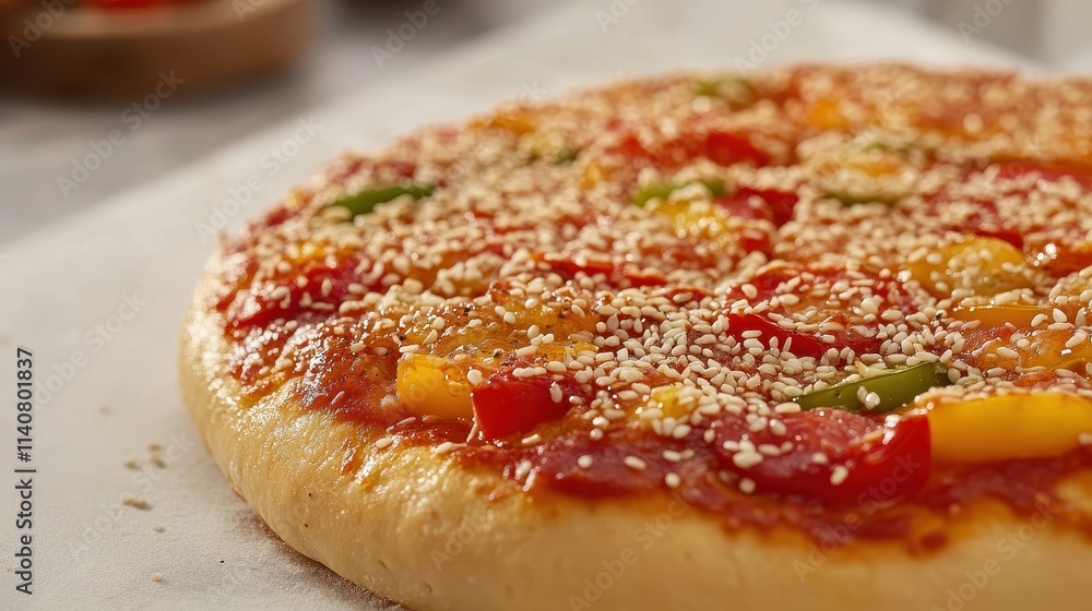 Fresh Pizza with Sesame Seed Crust and Colorful Toppings Fresh Pizza with Sesame Seed Crust and Colorful Toppings