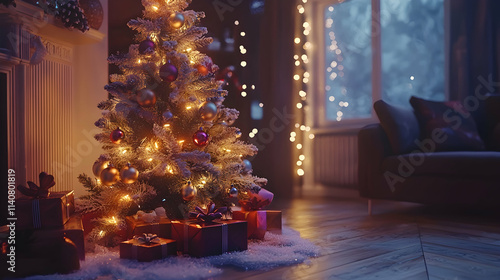 Cozy Christmas Eve 3D Illustration: Illuminated Tree and Gifts