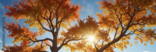 Warm sunlight filters through the vibrant autumnal foliage of a pear tree against a bright blue sky , trees, foliage