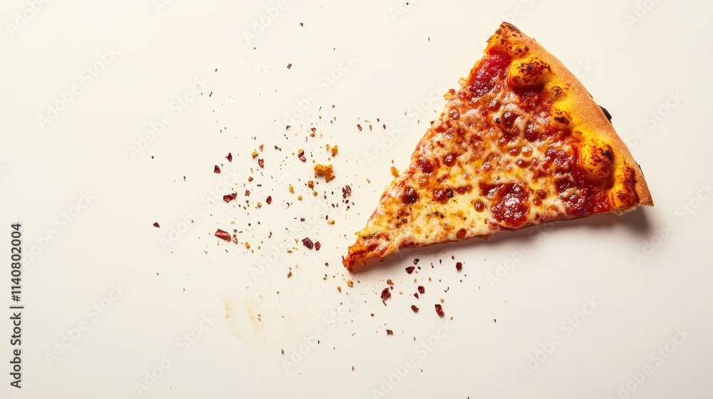 Casual Pizza Slice with Crumbs on White Background Casual Pizza Slice with Crumbs on White Background