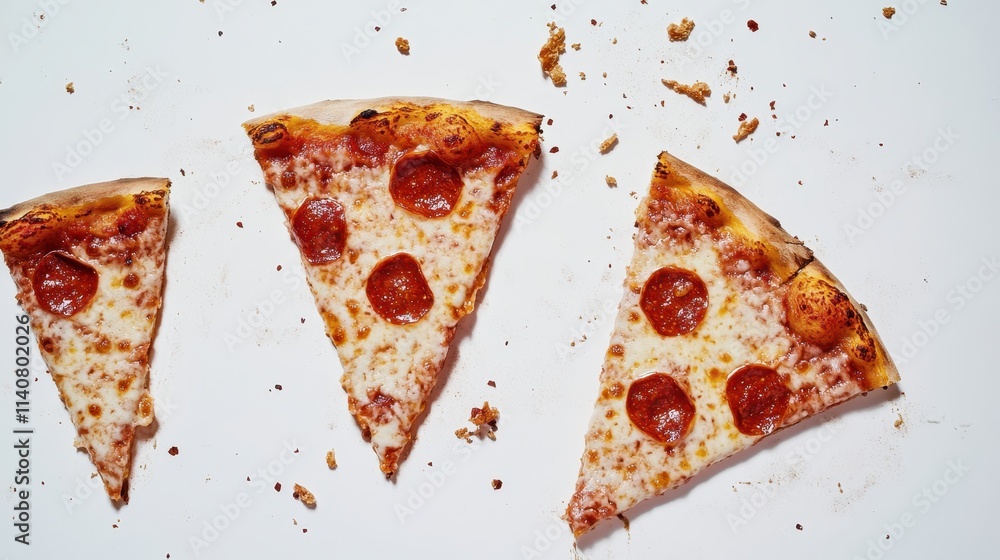 Fresh Pizza Slices with Crumbs on White Background Fresh Pizza Slices with Crumbs on White Background