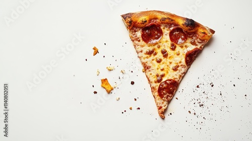 Slice of Pizza with Crumbs on White Background