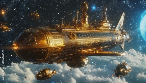 Wallpaper Mural A golden steampunk spaceship flying through a starry sky Torontodigital.ca