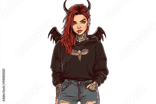 Stylized illustrations of modern angelic and demonic characters with horns, wings, and halos, dressed in trendy casual clothing, blending urban fashion with fantasy art and symbolism photo