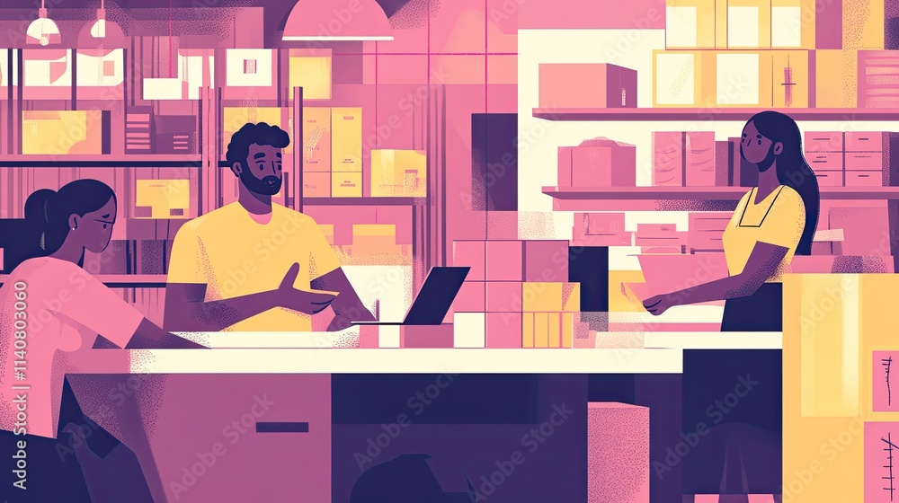 Two customers consult with a store employee at a counter in a well-stocked shop. Two customers consult with a store employee at a counter in a well-stocked shop.
