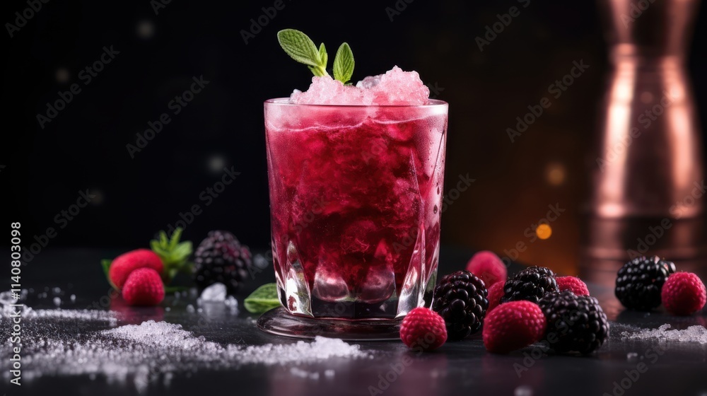 A refreshing raspberry and blackberry drink, perfect for summer. This vibrant cocktail is served cold with ice and garnished with fresh mint leaves. A refreshing raspberry and blackberry drink, perfect for summer. This vibrant cocktail is served cold with ice and garnished with fresh mint leaves.