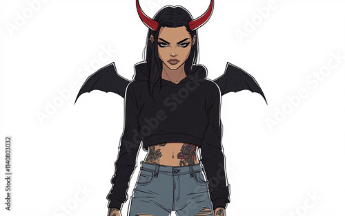 Stylized illustrations of modern angelic and demonic characters with horns, wings, and halos, dressed in trendy casual clothing, blending urban fashion with fantasy art and symbolism photo