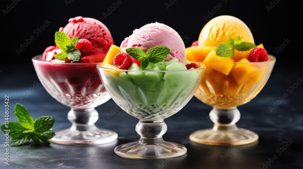 Delicious Ice Cream Sundaes in Colorful Bowls with Fresh Fruits and Mint Leaves Delicious Ice Cream Sundaes in Colorful Bowls with Fresh Fruits and Mint Leaves