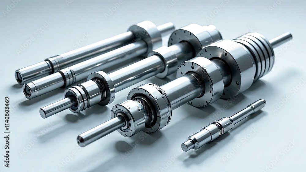 Precision-engineered mechanical parts including shafts and bearings, arranged on a clean surface, futuristic metallic look Precision-engineered mechanical parts including shafts and bearings, arranged on a clean surface, futuristic metallic look