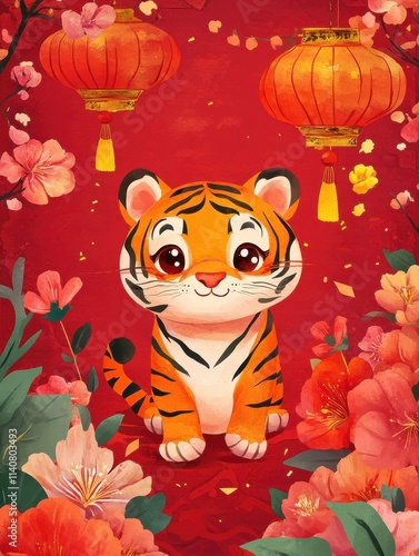 Chinese new year 2022 year of the tiger watercolor background vector. Cute tiger and Chinese lamp, flower on oriental festive red watercolor theme background. photo