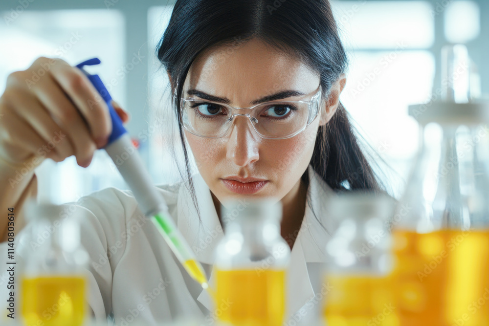 Female scientist conducting experiment in laboratory with focus and precision Female scientist conducting experiment in laboratory with focus and precision