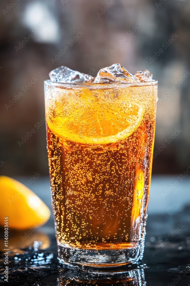Closeup of Sparkling Orange Soda with Ice and Lemon Slice Closeup of Sparkling Orange Soda with Ice and Lemon Slice