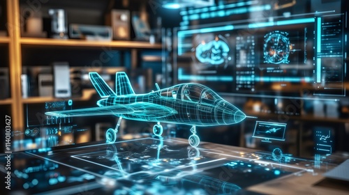 Engineers designing futuristic ucav aircraft with augmented reality software