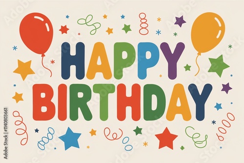 A colorful birthday banner with balloons and stars. The banner says 