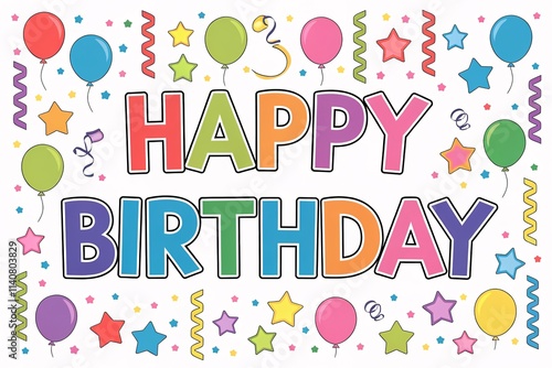 A colorful birthday banner with balloons and stars. The banner says 