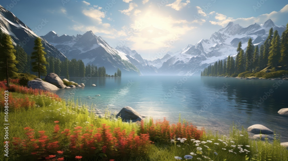 Naklejka premium A serene landscape featuring a calm lake, surrounded by majestic mountains and lush greenery. The bright sky adds a peaceful atmosphere to this nature scene.