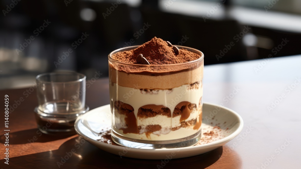 Delicious tiramisu dessert in a glass. Layers of coffee-soaked biscuits and creamy mascarpone shine. Perfect for any sweet tooth craving a treat. Delicious tiramisu dessert in a glass. Layers of coffee-soaked biscuits and creamy mascarpone shine. Perfect for any sweet tooth craving a treat.
