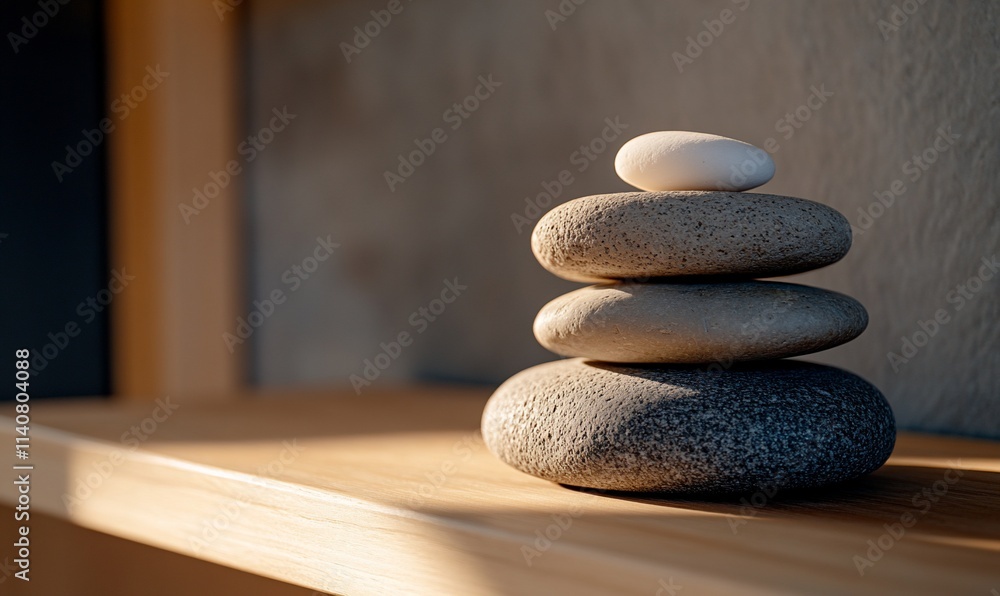 Stacked stones on wooden shelf, sunlight. Stacked stones on wooden shelf, sunlight.