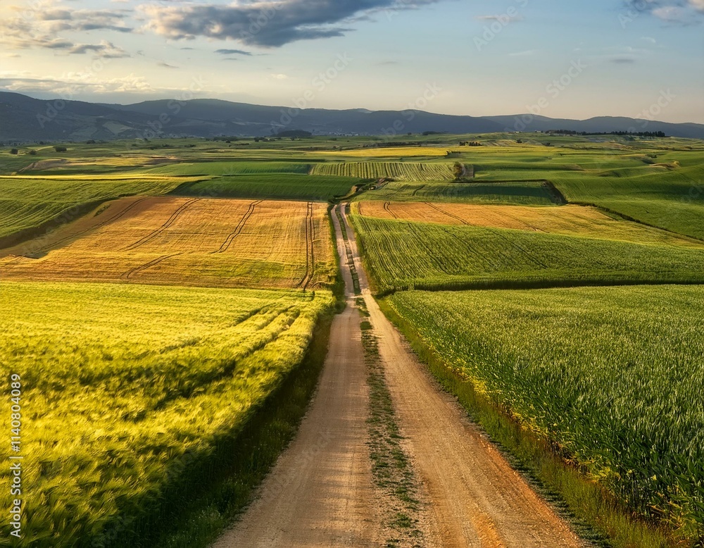 A geometric patchwork of fields in varying shades of green and gold, divided by narrow dirt roads. The vibrant colors and symmetry highlight agricultural life and nature’s patterns. A geometric patchwork of fields in varying shades of green and gold, divided by narrow dirt roads. The vibrant colors and symmetry highlight agricultural life and nature’s patterns.