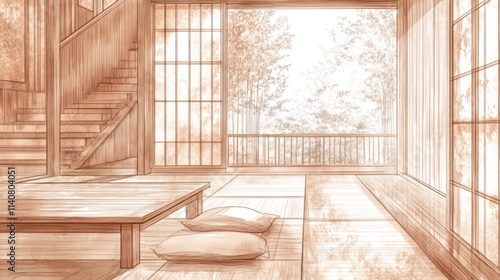 A serene interior scene with a wooden floor  stairs  and large windows overlooking nature.