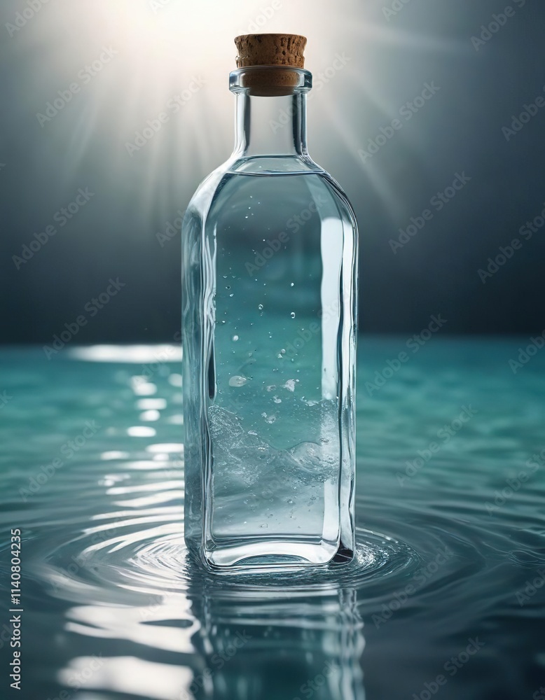White glass bottle submerged partially in crystal clear water with a subtle ripple effect, glass on water, clear water White glass bottle submerged partially in crystal clear water with a subtle ripple effect, glass on water, clear water
