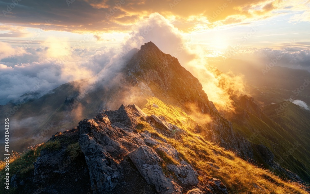 Fototapeta premium Mountain Peak with Golden Sunrise and Clouds in the Background