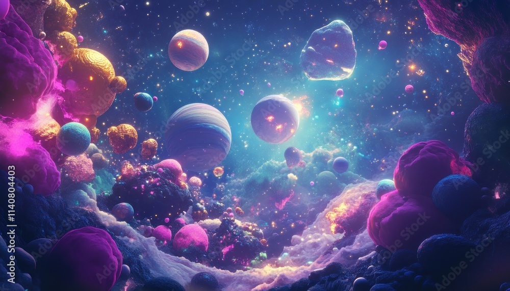 Fototapeta premium A Vibrant Cosmic Landscape with Glowing Planets and Nebulae