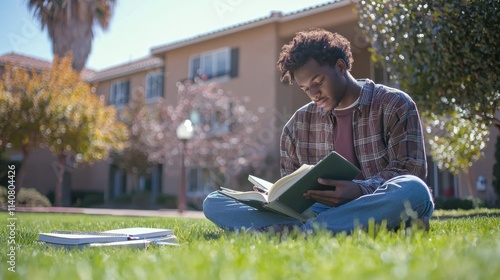 A college student studying outdoors on a sunny day, sitting on the grass with books and notepads