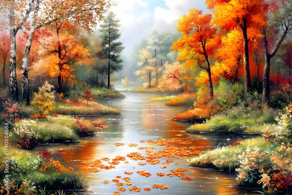 A serene autumn landscape with vibrant foliage reflecting on a calm river. A serene autumn landscape with vibrant foliage reflecting on a calm river.